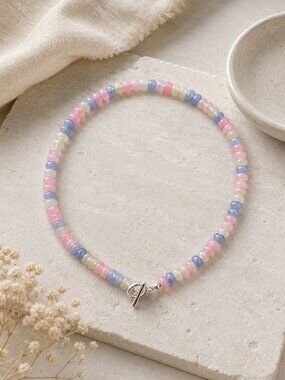 Pink Blue and Cream Pastel  Bead Necklace
